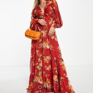 ASOS Red Floral Pleated Bodice Maxi Dress with tiered skirt and lace up back